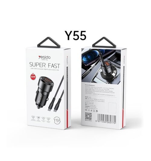 ⁦Yesido Y55 60W Dual Port Fast Car Charger (USB-C + USB-A)⁩ - الصورة ⁦3⁩