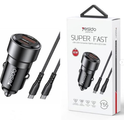 Yesido Y55 60W Dual Port Fast Car Charger (USB-C + USB-A)